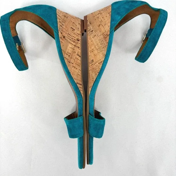 Tory Burch Teal Blue Suede Cork Wedge Sandals Ankle Strap Gold Logo Sz 10M - Picture 2 of 6